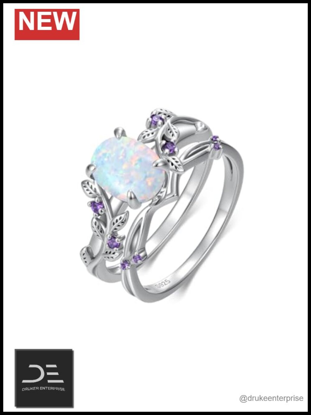2ct Leaf Fire Opal Ring Set 925 Sterling Silver Amethyst Engagement Bridal Set
